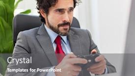  Presentation with office - Theme having laze-businessman-playing-videogames background and a gray colored foreground