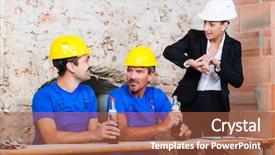  Presentation with construction work - Colorful PPT theme enhanced with lazy construction workers in delay being reminded by supervisor to go back to work again backdrop and a red colored foreground
