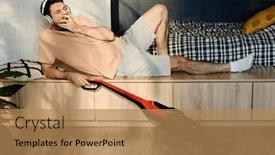  Presentation with music headphones - Presentation enhanced with lazy-yawning-guy-lying and a coral colored foreground