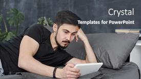  Presentation with time wasting - Presentation theme featuring lazy-young-bearded-man-lying background and a dark gray colored foreground