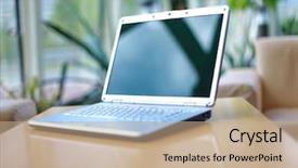  Presentation with office desk reception - PPT layouts having lcd education - thin laptop on office desk background and a coral colored foreground