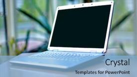  Presentation with desk - PPT theme featuring lcd education - thin laptop on office desk background and a light blue colored foreground