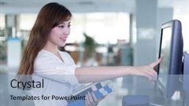  Presentation with worried female college student for health check up - Slide set having lcd monitor - beautiful asian student finger click background and a light blue colored foreground