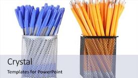  Presentation with lead metal - Cool new PPT layouts with lead pencils and pens in metal cups isolated on white backdrop and a light blue colored foreground