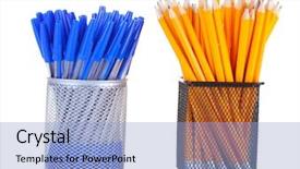  Presentation with lead metal - Presentation consisting of lead pencils and pens in metal cups isolated on white background and a light blue colored foreground