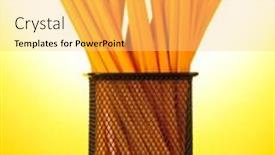  Presentation with lead metal - Slide deck featuring lead pencils in metal cup on wooden table on yellow background background and a yellow colored foreground