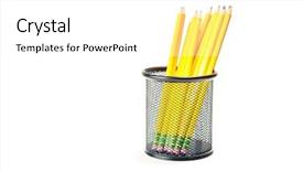 Presentation with lead metal - Slide deck with lead pencils in metal pot on a white background background and a white colored foreground