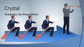  Presentation with synergy collaboration cooperation teamwork concept - Amazing slide deck having lead ship - team of businessmen in teamwork backdrop and a light blue colored foreground