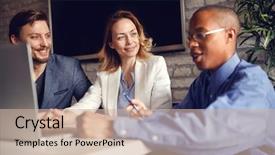  Presentation with sharing - Cool new presentation theme with business people sharing their idea backdrop and a soft green colored foreground