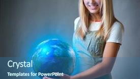  Presentation with future - PPT theme with girl holding the planet earth background and a ocean colored foreground