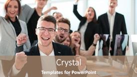  Presentation with team leader - Presentation design featuring leader-and-happy-business-team background and a coral colored foreground