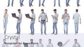  Presentation with team leader - Cool new slide deck with leader and professional business team standing together backdrop and a light blue colored foreground