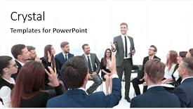  Presentation with discussion - Beautiful slide set featuring leader communication - business people meeting conference discussion backdrop and a  colored foreground