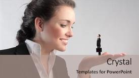  Presentation with competition - Slide deck enhanced with leader competition - smiling businesswoman holding a tiny background and a light gray colored foreground