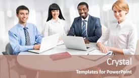 Presentation with business group meeting - PPT theme enhanced with leader diversity - group of happy business people background and a  colored foreground