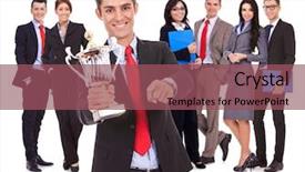  Presentation with team leader - PPT theme having leader holding a big trophy background and a violet colored foreground