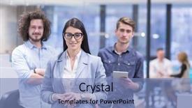  Presentation with young business people - PPT layouts having leader improvement - portrait of young business people background and a teal colored foreground