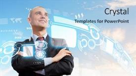  Presentation with innovation - PPT theme with leader innovation - image of confident businessman smiling background and a light blue colored foreground