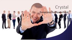  Presentation with team leader - Slides featuring leader making hand frame gesture with his business team behind isolated background and a coral colored foreground