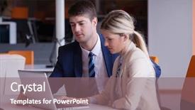  Presentation with business group meeting - Slides enhanced with leader managers - young business people group have background and a  colored foreground