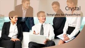  Presentation with team leader - Slides enhanced with leader of business team pointing background and a coral colored foreground
