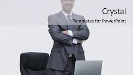  Presentation with standing sitting - Amazing slide deck having leader standing behind a desk backdrop and a light gray colored foreground