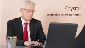  Presentation with laptop - Presentation theme having leaders intent - senior man working with laptop background and a  colored foreground