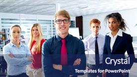  Presentation with multi ethnic group - Beautiful PPT theme featuring leaders meeting - blond young businessman multi ethnic backdrop and a  colored foreground