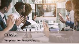  Presentation with video conference - Audience pleasing slide deck consisting of leadership - business people looking at screen backdrop and a mint green colored foreground