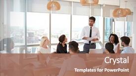  Presentation with meeting table - PPT theme consisting of leadership - businessman leads meeting around table background and a coral colored foreground