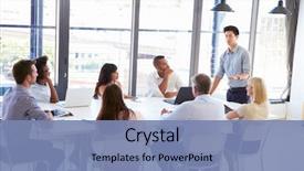  Presentation with meeting - Cool new slide set with leadership - businessman presenting to colleagues backdrop and a teal colored foreground