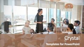  Presentation with meeting table - Colorful slide set enhanced with leadership - businesswoman leads meeting around table backdrop and a coral colored foreground
