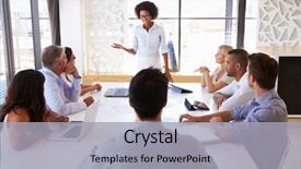  Presentation with meeting - Colorful slide set enhanced with leadership - businesswoman presenting to colleagues backdrop and a light gray colored foreground
