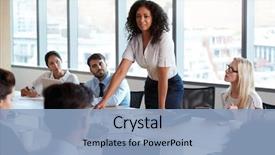  Presentation with board meeting - Cool new PPT layouts with leadership - businesswoman stands to address meeting backdrop and a light blue colored foreground