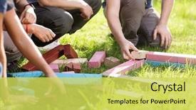  Presentation with building blocks - Slide set having leadership - cropped image of friends playing background and a yellow colored foreground