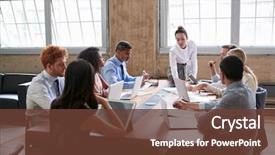  Presentation with board meeting - Beautiful slide deck featuring leadership - female manager leans while addressing backdrop and a tawny brown colored foreground