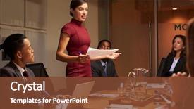  Presentation with meeting - Beautiful PPT theme featuring leadership - female manager standing with documents backdrop and a tawny brown colored foreground