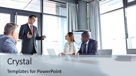  Presentation with room - Cool new slide set with leadership - mature businessman discussing with colleagues backdrop and a light blue colored foreground