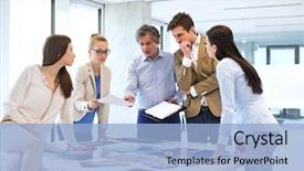  Presentation with new office - PPT layouts with leadership - mature businessman with team working background and a light blue colored foreground