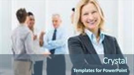  Presentation with belated happy birthday - Audience pleasing presentation theme consisting of portrait of happy senior businesswoman in office with her colleagues backdrop and a ocean colored foreground