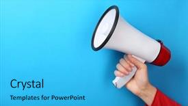  Presentation with leadership - Presentation design featuring leadership - woman holding megaphone on color background and a cyan colored foreground