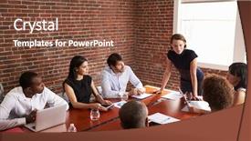  Presentation with meeting pov - Theme featuring leadership - young businesswoman addressing boardroom meeting background and a tawny brown colored foreground