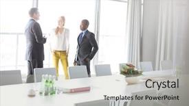  Presentation with people talking - Beautiful PPT theme featuring leadership 29 - business people talking while standing backdrop and a light gray colored foreground
