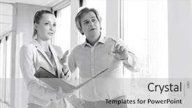  Presentation with detective case file typed - Slide deck consisting of leadership 29 - businessman and businesswoman with file background and a light gray colored foreground