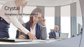  Presentation with capstone project - PPT layouts featuring leadership 29 - businesswomen discussing over project background and a mint green colored foreground