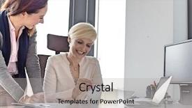  Presentation with project manager - Slides enhanced with leadership 29 - smiling businesswoman and female manager background and a light gray colored foreground