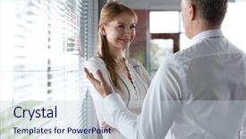  Presentation with listening - PPT layouts consisting of leadership 29 - smiling young businesswoman listening background and a lemonade colored foreground