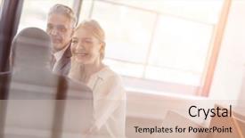  Presentation with board meeting room chairs - Theme featuring leadership 29 - smiling young businesswoman with male background and a lemonade colored foreground