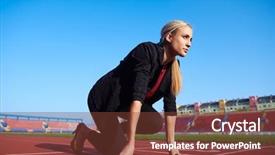  Presentation with racing - Slide set consisting of leadership athlete - business woman in start position background and a tawny brown colored foreground