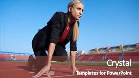  Presentation with racing - PPT theme with leadership athlete - business woman in start position background and a tawny brown colored foreground